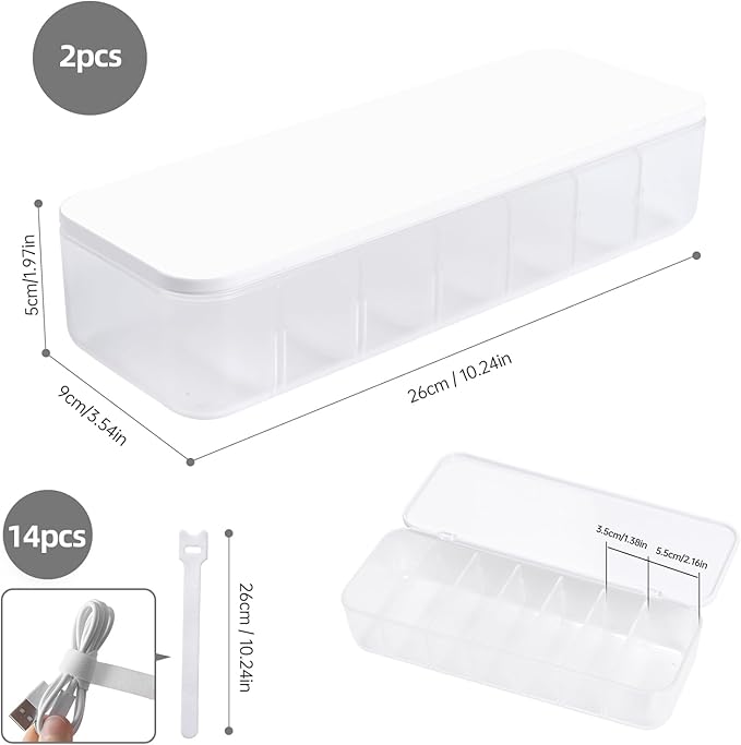 2 Pcs Cable Organizer Storage Box with 14 Wire Ties,Desktop Cable Management Box with Lid,Power Cord Organizer for Office,Home,Desk Accessories Storage Stationery Supplies White