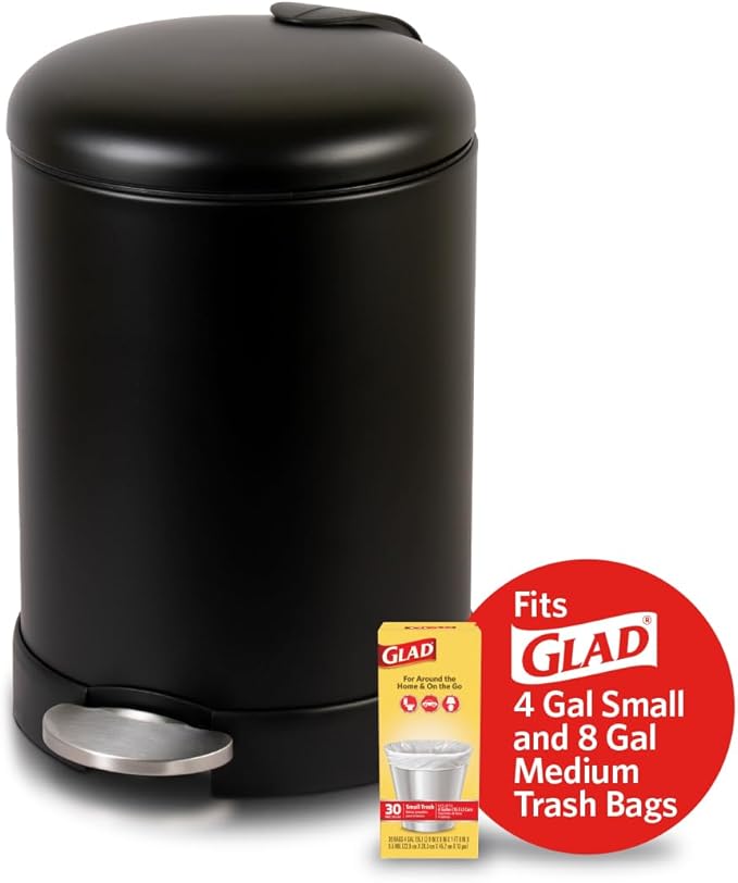 Glad Small Trash Can, 1.2 Gallon | Round Stainless Steel Garbage Bin with Soft Close Lid & Step Foot Pedal | Black Metal Waste Basket with Removable Inner Bucket, Matte Black