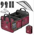Car Trunk Organizer - Collapsible, Foldable - with Covering Net, Removable Dividers, Attachable Non-Slip Pads, Mounting Straps, and Stainless Hooks - for SUV, Truck, Sedan, Minivan, and Van - Cherry