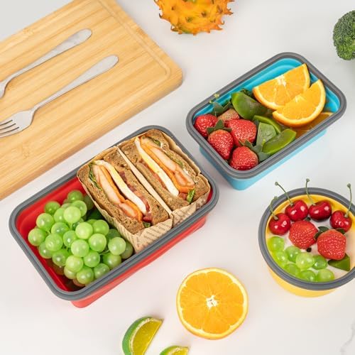 Collapsible Silicone Food Storage Containers Set with Lid & Air Vent, Foldable Lunch Containers, 16 Pack (8 Rectangular + 8 Round Bowls), BPA-Free, Space-Saving