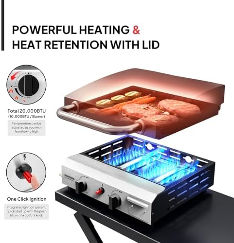 ROVSUN 2 Burner Foldable Propane Griddle with Wheels, Enameled Tray & Lid, 20000 BTU Portable Rolling Flat Top Gas Grill with Electronic Ignition & Regulator for Outdoor Cooking Camping BBQ Tailgating