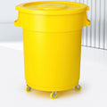 32-Gallon Round Commercial Trash Can with Lid and Dolly – Heavy-Duty Plastic Garbage Bin for Restaurants, Kitchens, Janitorial Use, Indoor – Mobile Waste Container on Wheels (Yellow)
