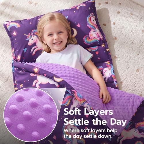JOIEDOMI Toddler Nap Mat with Removable Pillow and Minky Blanket 55''x30'' Kids Sleeping Bag for Boys and Girls Ages 3-6 Roll Up Soft Nap Mats for Preschool Kindergarten Daycare Sleepover
