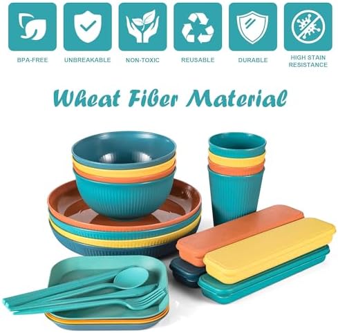 36PCS Wheat Straw Dinnerware Sets - Reusable Plates and Bowls Sets, Unbreakable Cups, Knives, Forks, Spoons & Chopstick, Microwave, Dishwasher Safe Tableware Kitchen Outdoor Camping Presents