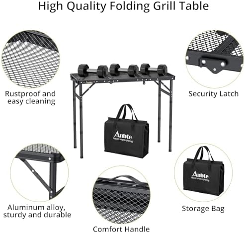 Anbte Folding Grill Table, 3ft Tri-Fold Aluminum Folding Table Adjustable Height Max 27.5" Grill Table with Mesh Desktop, Lightweight, Portable Handle for Outdoor Cooking BBQ Picnic (Black)
