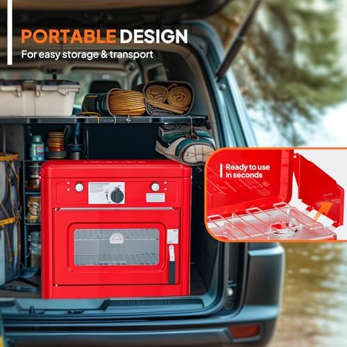 ROVSUN 2-in-1 Portable Camping Stove & Propane Oven with Piezo Igniter, 2 Burner Stove & Outdoor Oven with Adjustable Fire, Thermometer, Wind Panel & Regulator for Traveling, Tailgating (Red)