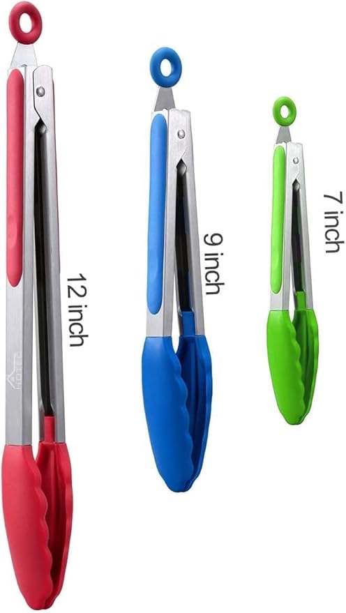 Hotec Premium Stainless Steel Locking Kitchen Tongs with Silicon Tips, Set of 3-7", 9" and 12" multicolor