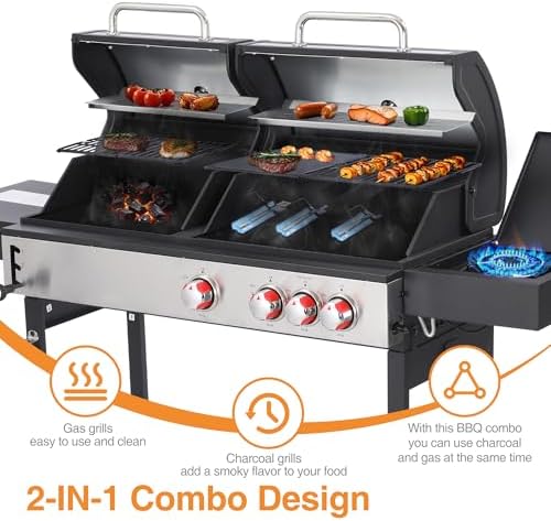 2-in-1 Propane Gas & Charcoal Grill with Griddle & Side Burner