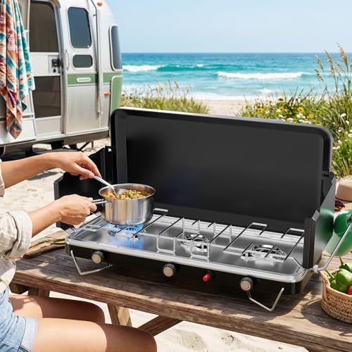 Bonnlo 3 Burner Camping Stove with Igniter, 25000 BTU Portable Propane Gas Stove with Built-in Handle & Foldable Wind Panel, Tabletop Outdoor Stove for Camping Kitchen, Tailgating, Grilling
