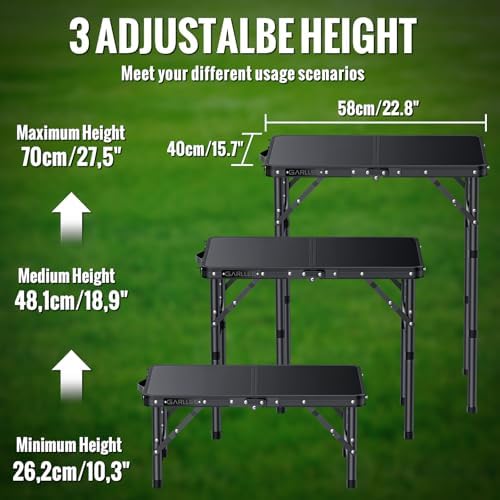 GARLLEN 2ft Folding Camping Table 22.8"x15.7" 3-Height Adjustable Max 27.5"