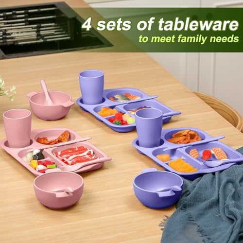 Honoson 24pcs Wheat Straw Dinnerware, Unbreakable, Light Purple and Pink