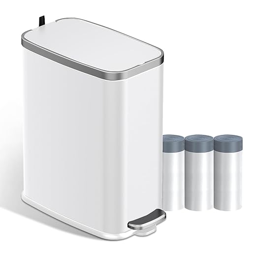 Stainless Steel Bathroom Trash Can with Lid Soft Close,1.6 Gallon Slim Garbage can,Small Metal Step Wastebasket for Office, Bedroom, Toilet, White