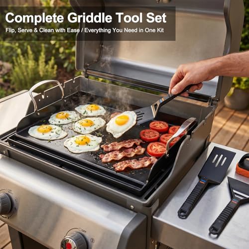 17 x 13 in Pre-seasoned Cast Iron Griddle for Gas Grill, Nano Ceramic Nonstick Flat Top Grill Plate with 5-Piece Tool Kit, Grease Groove, High Sidewalls, Handles, for Charcoal, Stove Top, Camping