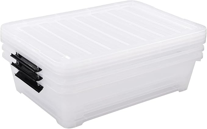 40 Quart Clear Plastic Underbed Storage Container, Wheeled Latching Storage Box for Shoes, Bags, Clothes, Set of 3