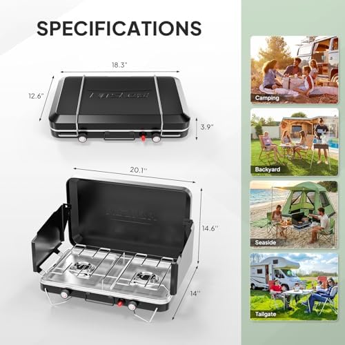ROVSUN 20000 BTU Propane Camping Stove with Igniter, 2 Burner Portable Camp Stove with Adapter, Built-in Handle & Foldable Wind Panel for Outdoor Camping, Tailgating, Grilling