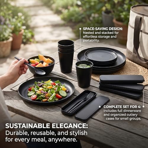 GOTOTOP Dinnerware Set Service for 4, Reusable Plates Set with Bowls Cups and Cutlery, PP Microwave Safe Dishwasher Safe Tableware for Travel Camping Picnics Family Meals