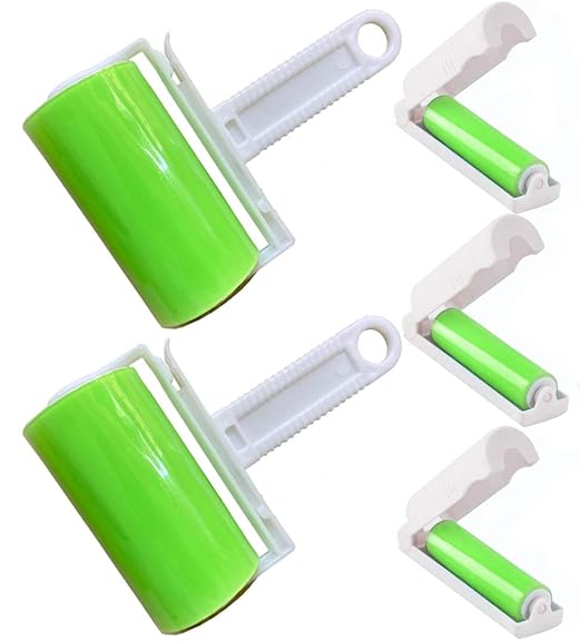 Sticky Travel Lint Roller 5 Pack, Reusable Washable Lint Roller Portable Compact Pet Hair Remover Cleaner with Cover for Clothes, Pet Hairs, Carseats, Include Medium/Small Size (Green)