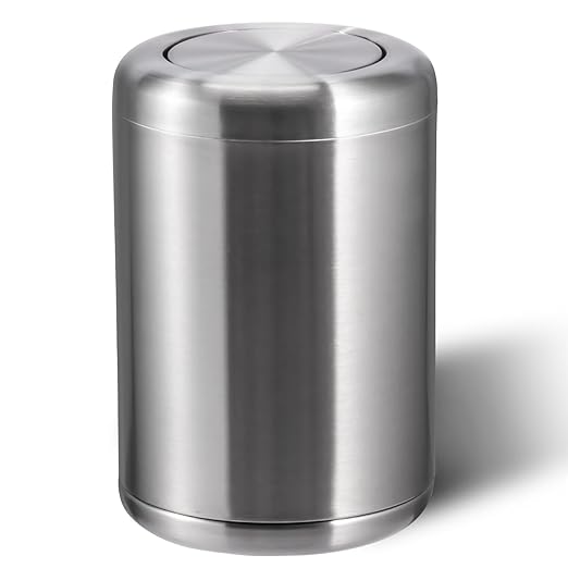 Waste Can 3 Gallon with Swing Lid，Brushed Stainless Steel Trash Can，Metal Cylindrical Garbage Can，Brass Wastebasket Bin for Bathroom,LivingRoom,Office,Kitchen,Bedroom,Hotel (Sliver)