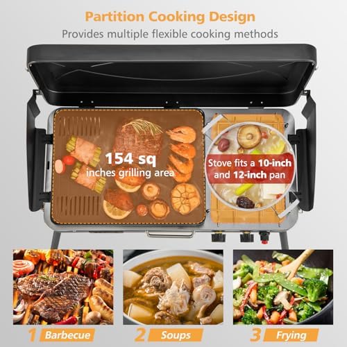 LDAILY 2-Burner Portable Gas Grill, Portable BBQ Grill Propane with Removable Legs, 20,000 BTU Dual Cooking Zones, Wind Guard & Foldable Design, Outdoor Camping Stove, Picnics, Party (Black)