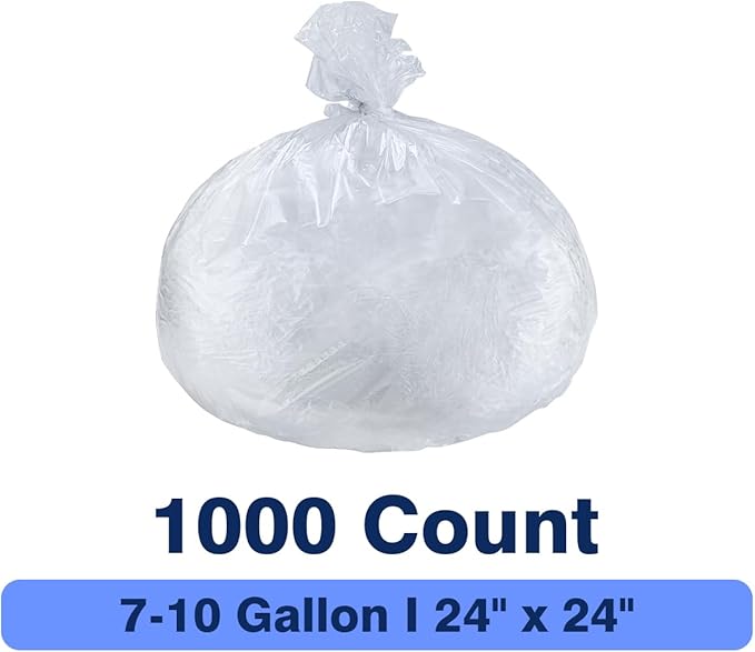 7-10 Gallon Clear Trash Can Liners, 24'' x 24'', Wholesale 1000 Count, High Density Garbage Bags for Office, Bathroom, Commercial and Industrial Use