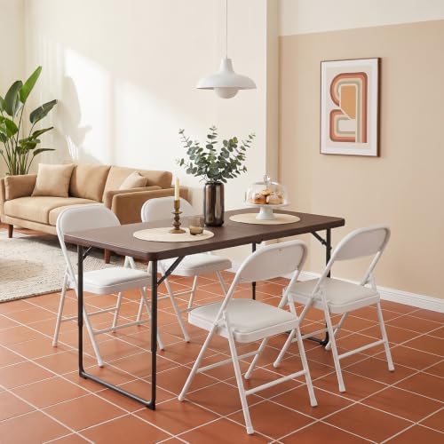 4FT Folding Table Adjustable Height Heavy Duty Plastic Folding Tables with Carry Handles, Fold-in-Half Portable Tables with Steel Legs for Party, Wedding, Camping, Picnic, Indoor Outdoor Events, Brown