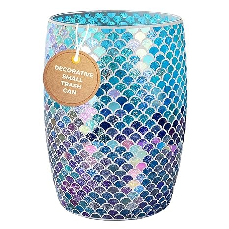 Escenzy Mermaid Bathroom Trash Can Mosaic Glass 5L | Decorative Small Garbage Can | 7" x 10" | Luxury Waste Basket for Restroom, Office, Bedroom & Kitchen | Shiny Glass Mermaid Bathroom Accessories