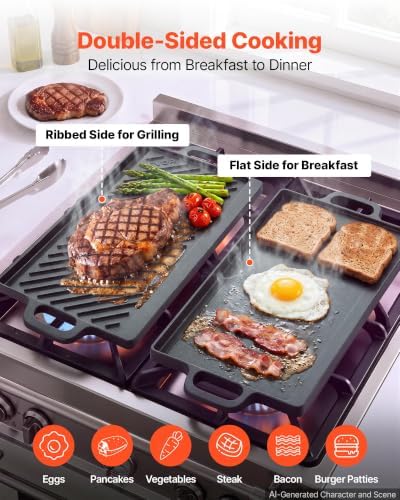 VEVOR Reversible Grill/Griddle 20x9 in Pre-Seasoned Cast Iron Pan Handle
