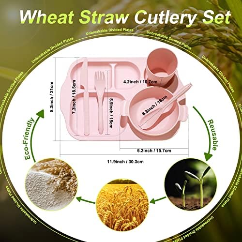 Honoson 24pcs Wheat Straw Dinnerware, Unbreakable, Beige/pink/green/blue