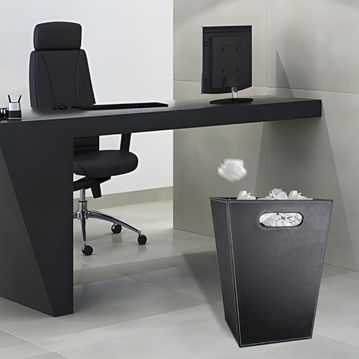 Pu Leather Trash Can for Bedroom, 16L/4.2 Gallon Office Wastebasket with Handles for Near Desk, Black Bathroom Garbage Cans for Home Decorative, Square Waste Basket Bin for Dorm Easy to Clean