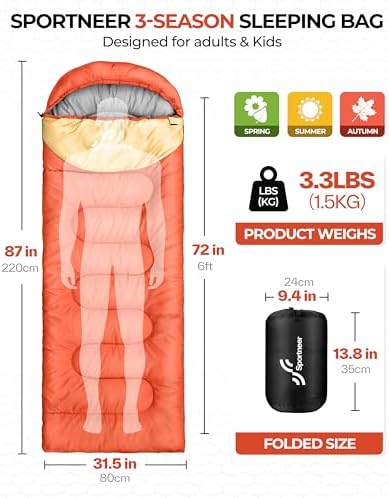 Sportneer Sleeping Bag, 3 Seasons Warm Cold Weather Sleeping Bags for Adults Kids Boys Girls with Compression Sack- Lightweight Camping Essentials Gear Accessories, Backpacking, Hiking