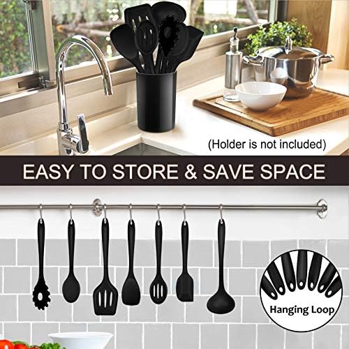 P&P CHEF Black Kitchen Utensils, Silicone Cooking Utensil Set of 7
