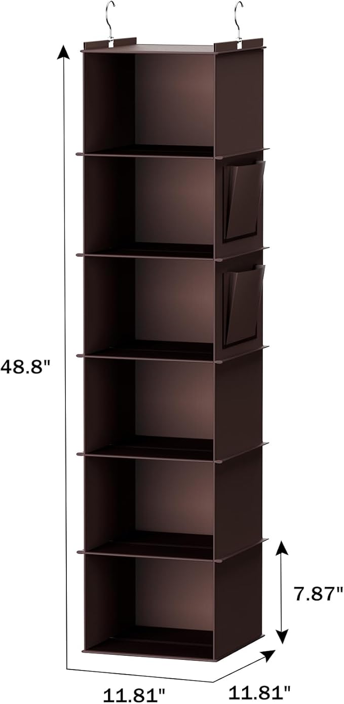 YOUDENOVA Hanging Closet Organizer, 6-Shelf Closet Hanging Storage Shelves, Brown
