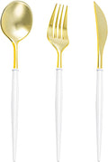 N9R 150Pcs Gold Plastic Silverware-Gold Disposable Utensils with White Handle-Disposable Silverware Heavy Duty with 50 Spoons, 50 Forks, 50 Knives for Party，Birthday and Everyday Use