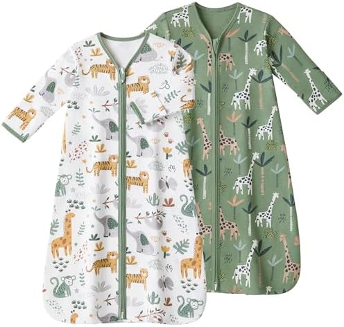 Baby Sleep Sack 12-18 Months, Long Sleeve Baby Wearable Blanket 0.5 Tog with Mittens, 2-Way Zipper Toddler Cotton Sleeping Sack for Boy and Girl Green Giraffe 2 Pack(Large)