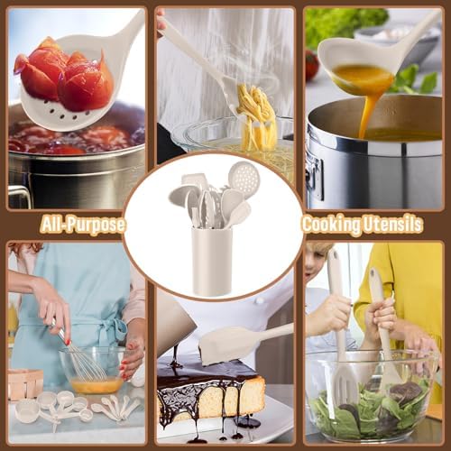Silicone Kitchen Utensils Set, E-far 23 Pcs Khaki Cooking Utensils Tools with Holder for Nonstick Cookware, Include Spatula/Spoon/Ladle/Tongs/Turner, Heat Resistant & Nontoxic, Dishwasher Safe