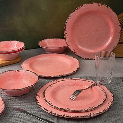 LEHAHA Pink Vintage Melamine Dinnerware Sets, Farmhouse RV Dishes Set for 4