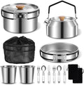 12pcs Outdoor Camping Cookware Kit, Lightweight Stainless Steel Kettle, Non-Stick Pot and pan, with Fork Spoon Kits Suitable for picnics and Backpacking Trips