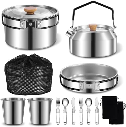 12pcs Outdoor Camping Cookware Kit, Lightweight Stainless Steel Kettle, Non-Stick Pot and pan, with Fork Spoon Kits Suitable for picnics and Backpacking Trips