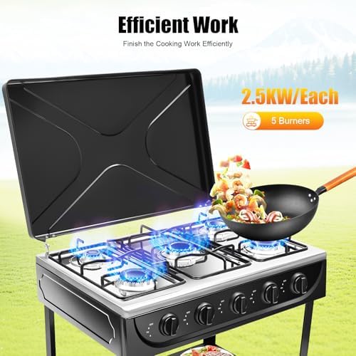 5 Burner Propane Portable Gas Stove, Gas Burners for Cooking Outdoor with Support Leg Stand Adapter Auto Ignition Cooktop Stove Top for RV, Apartment, Outdoor Cooking (Black)