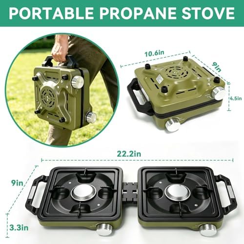 2 Burner Portable Propane Camping Stove Kit, 24000 BTU Foldable Hiking Stove with Frying Pan, Pot, Windshield & Carry Bag, Outdoor Cookware Camp Cooking Set for Tailgating, BBQ, Picnic, Green