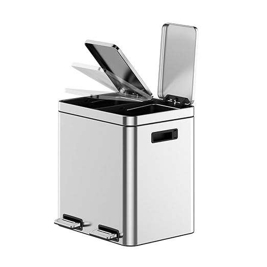 2 x 4 Gal (2 x 15L) Trash Can, Stainless Steel Triple Compartment Step-On Recycling Bin with Soft-Close Lids & Removable Plastic Inner Buckets for Kitchen, Home, Office