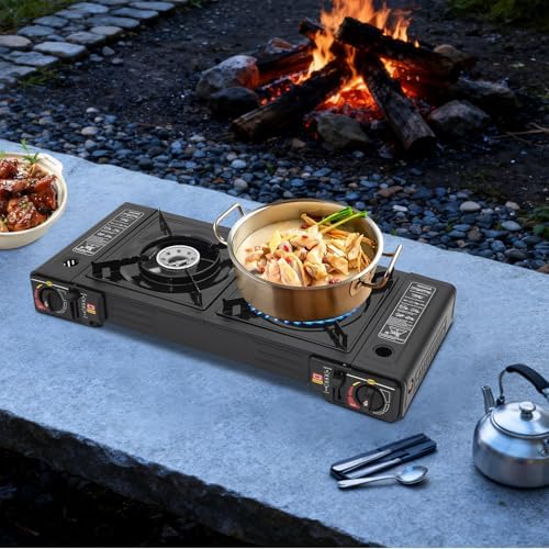 2-Burner Portable Camping Stove, Butane Camping Stove, Outdoor Travel Camp Stove for Camping, BBQ, Home (without Grill Tray)