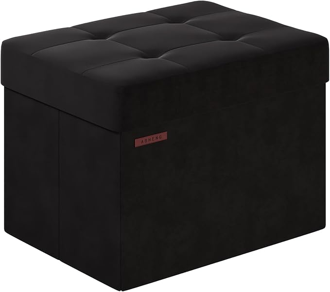 Folding Storage Ottoman, Velvet Storage Bench, Footrest, Foot Stool, for Living Room, Bedroom and Office,12.2 x 16.1 x 12.2 Inches, 200 kg Load Capacity, Ink Black,UASND03B