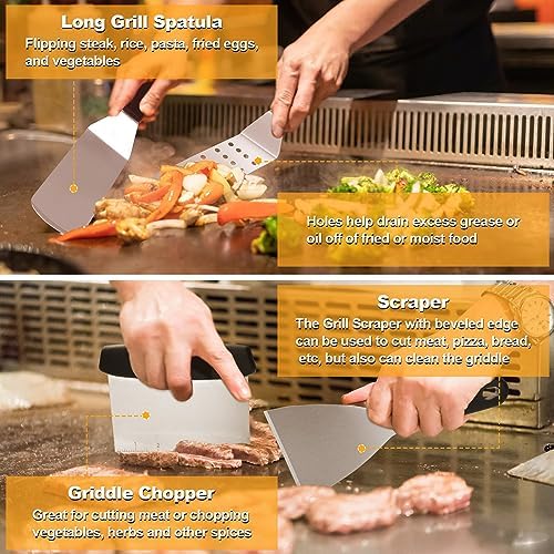 Terlulu Griddle Accessories Kit, 28 PCS Flat Top Grill Accessories for Blackstone and Camp Chef, Metal Spatula Set with Burger Press, Melting Dome, Tongs, Scraper, Carry Bag for Outdoor Grilling BBQ