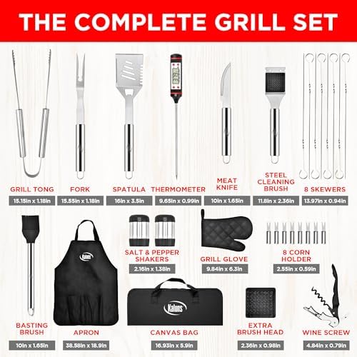 Kaluns Grilling Accessories, Dad Gifts for Christmas, Heavy Duty Stainless Steel Grill Set BBQ Grill Accessories for Outdoor Grill with Meat Thermometer, Case and Apron