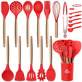 MIBOTE Silicone Cooking Kitchen Utensils Set, Wooden Handle, Red