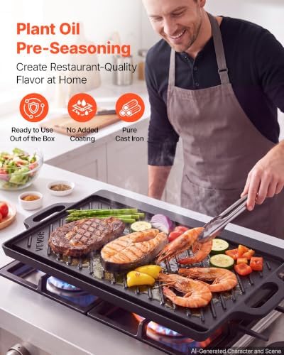 VEVOR Reversible Grill/Griddle 20x9 in Pre-Seasoned Cast Iron Pan Handle