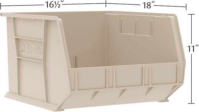 Akro-Mils 30270 AkroBins Plastic Storage Bins, Space-Saving Stackable Bins for Garage, Pantry, Craft Organization, 18-Inch x 16-Inch x 11-Inch, Stone, 3-Pack
