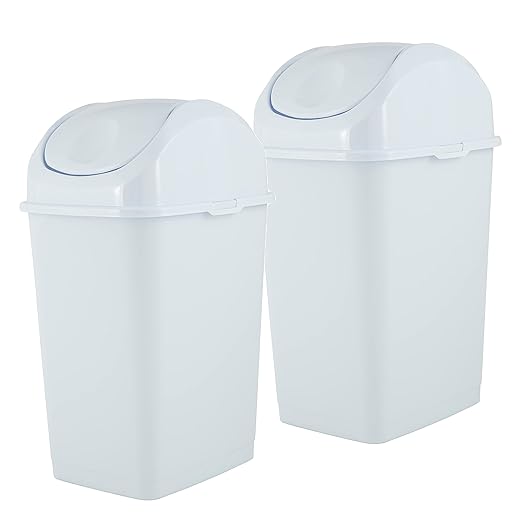 Superio Mini Desktop Trash Can with Swing Top Lid Portable Plastic Garbage Can for Countertop, Desktop, Make up Vanity, Bathroom, Car, Under Sink, Dorm, Compact Waste Bin 5 L 1.25 Gal (2, White)
