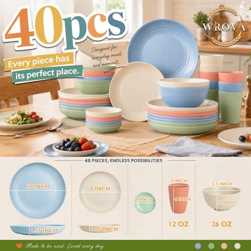 Wrova Wheat Straw Dinnerware Sets for 8, Kitchen Plates Bowls and Cups Set